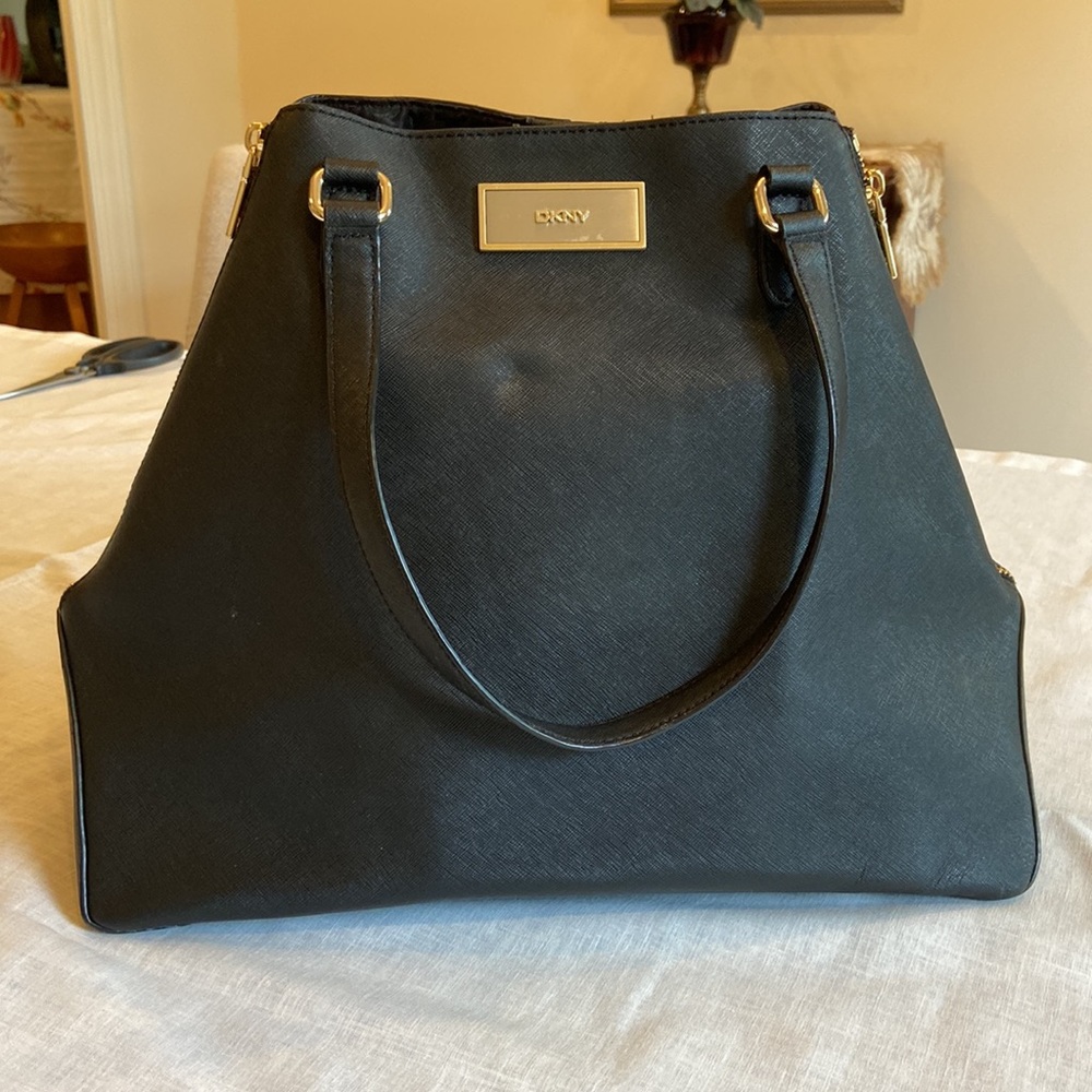 DKNY Black Saffiano Leather Double Zip Tote